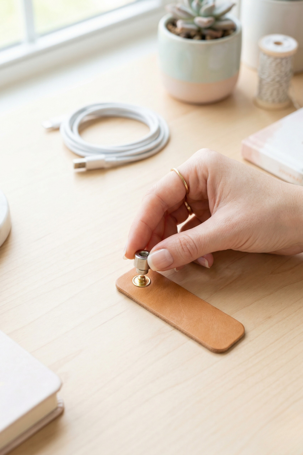 Hand attaching a metal magnetic snap to a tan leather cord organizer on a desk.