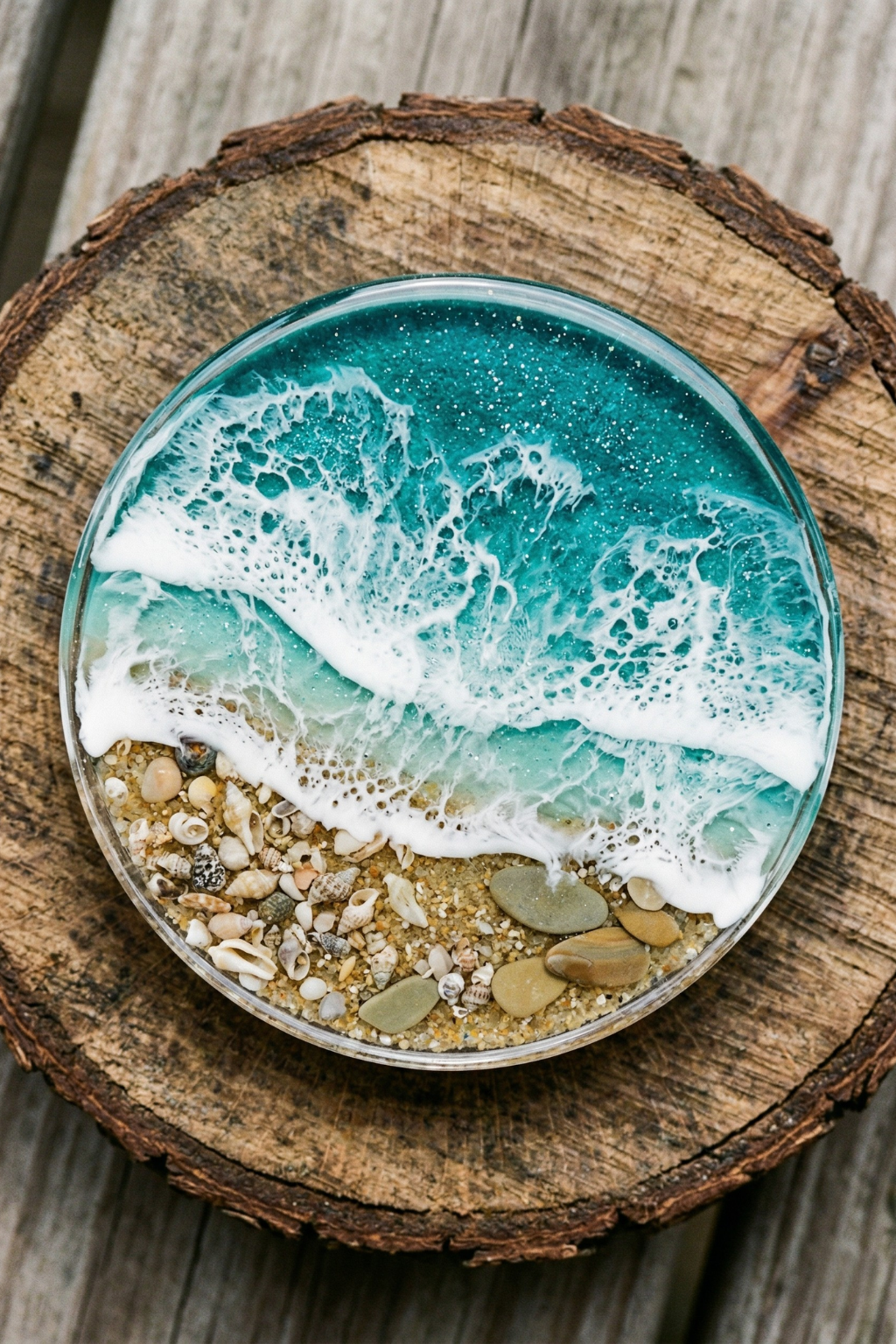 Handcrafted ocean resin art petri dish with turquoise waves and tiny seashells on a wood slice.