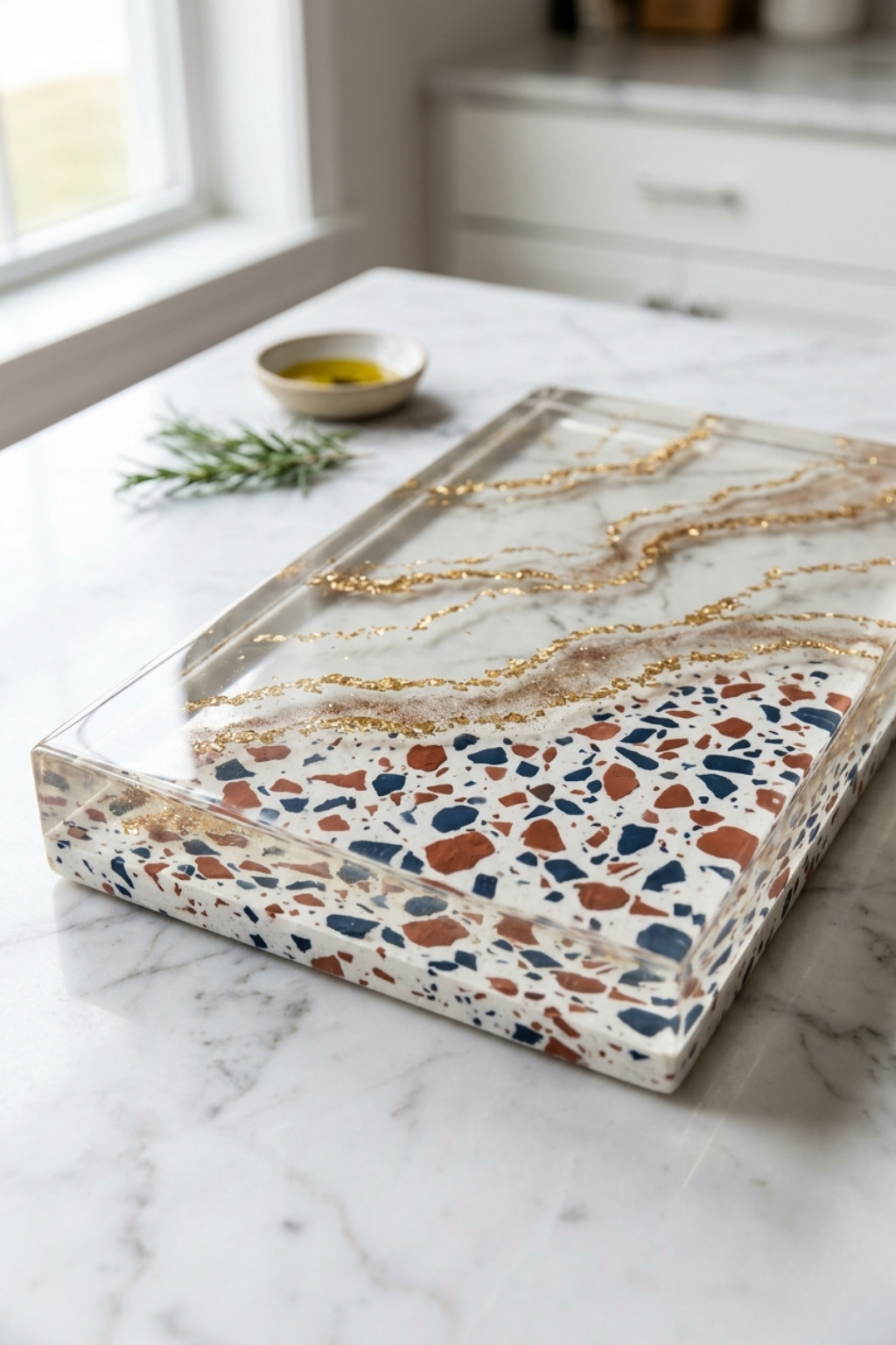 Handcrafted resin serving tray with terrazzo patterns and elegant gold leaf accents on a marble countertop.