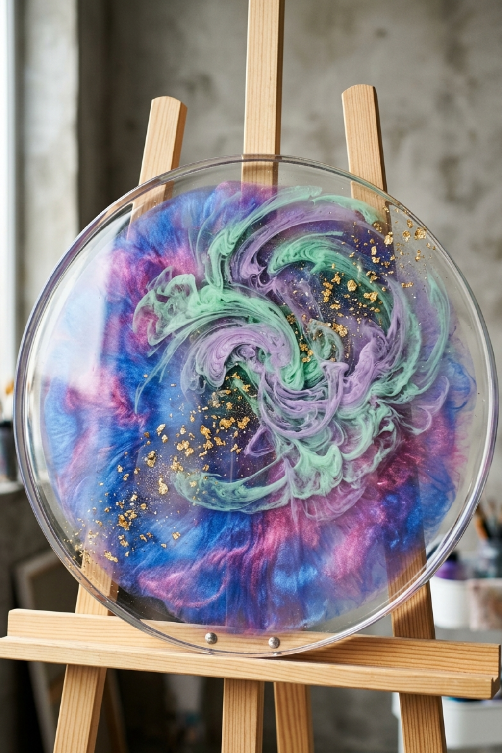 Round resin wall art with purple, teal, and blue swirls and gold leaf on a wooden easel.
