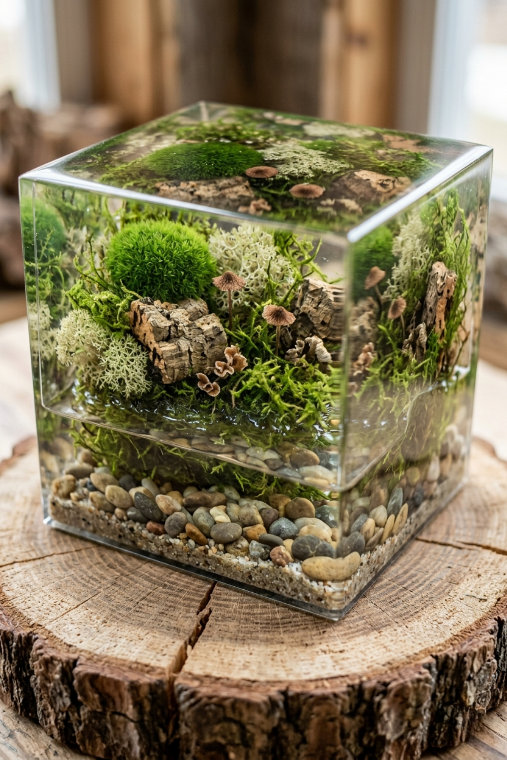 Miniature moss terrarium in a glass cube with mushrooms, lichen, and pebbles on a wood slice.