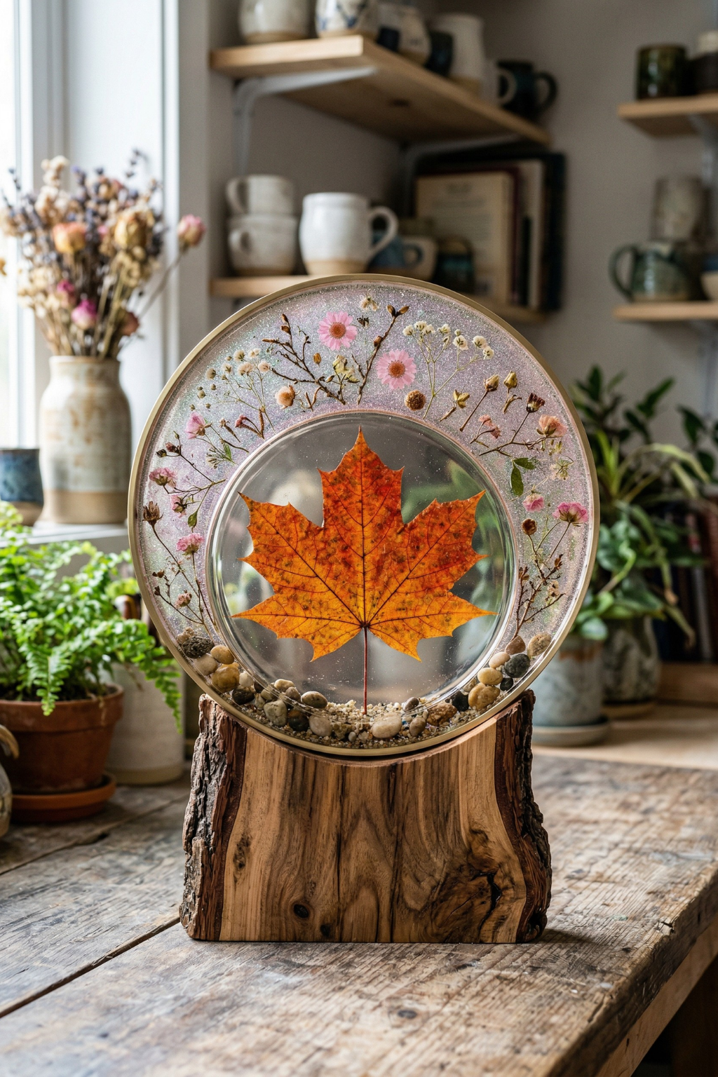 Handmade epoxy resin art featuring a preserved orange maple leaf and dried flowers on a rustic wood base.
