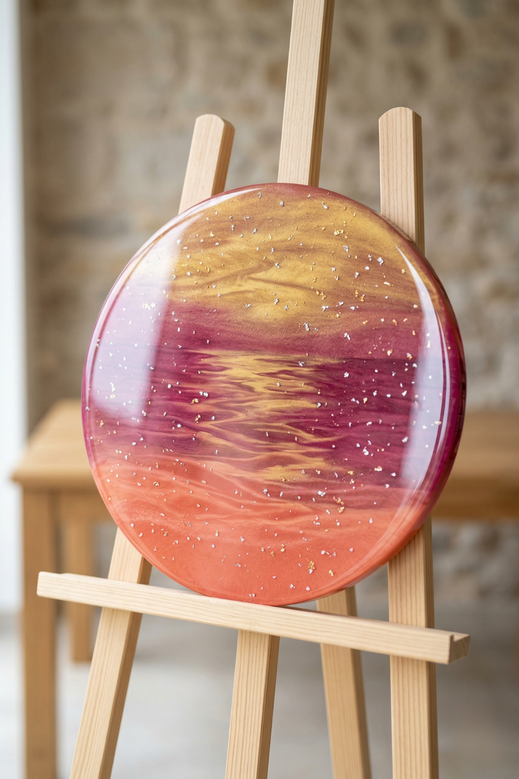 Round resin wall art with a sunset seascape design on a wooden easel.
