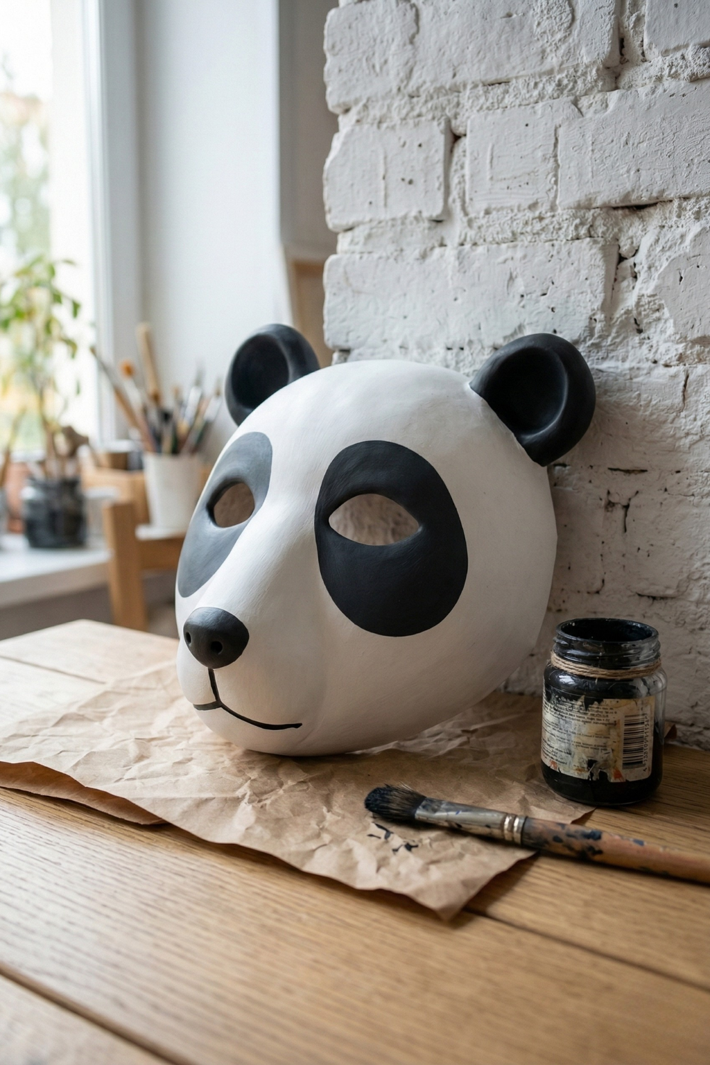 Handcrafted panda bear mask on an artist's workbench with paint and brushes.