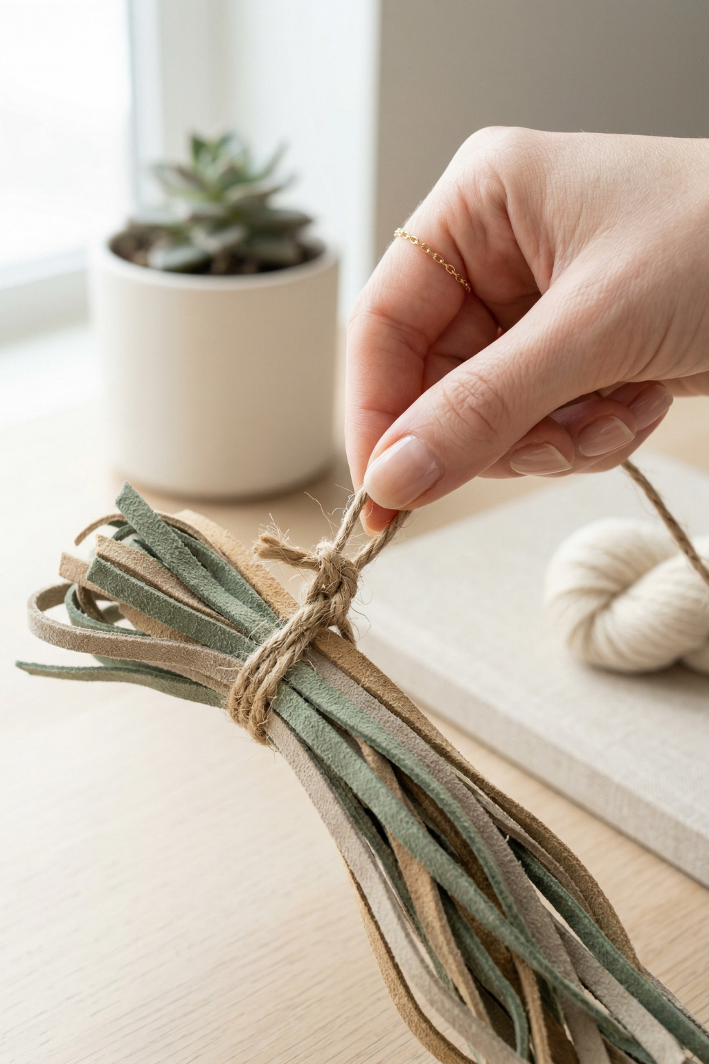 A person tying a twine knot on leather strips for a DIY craft project.