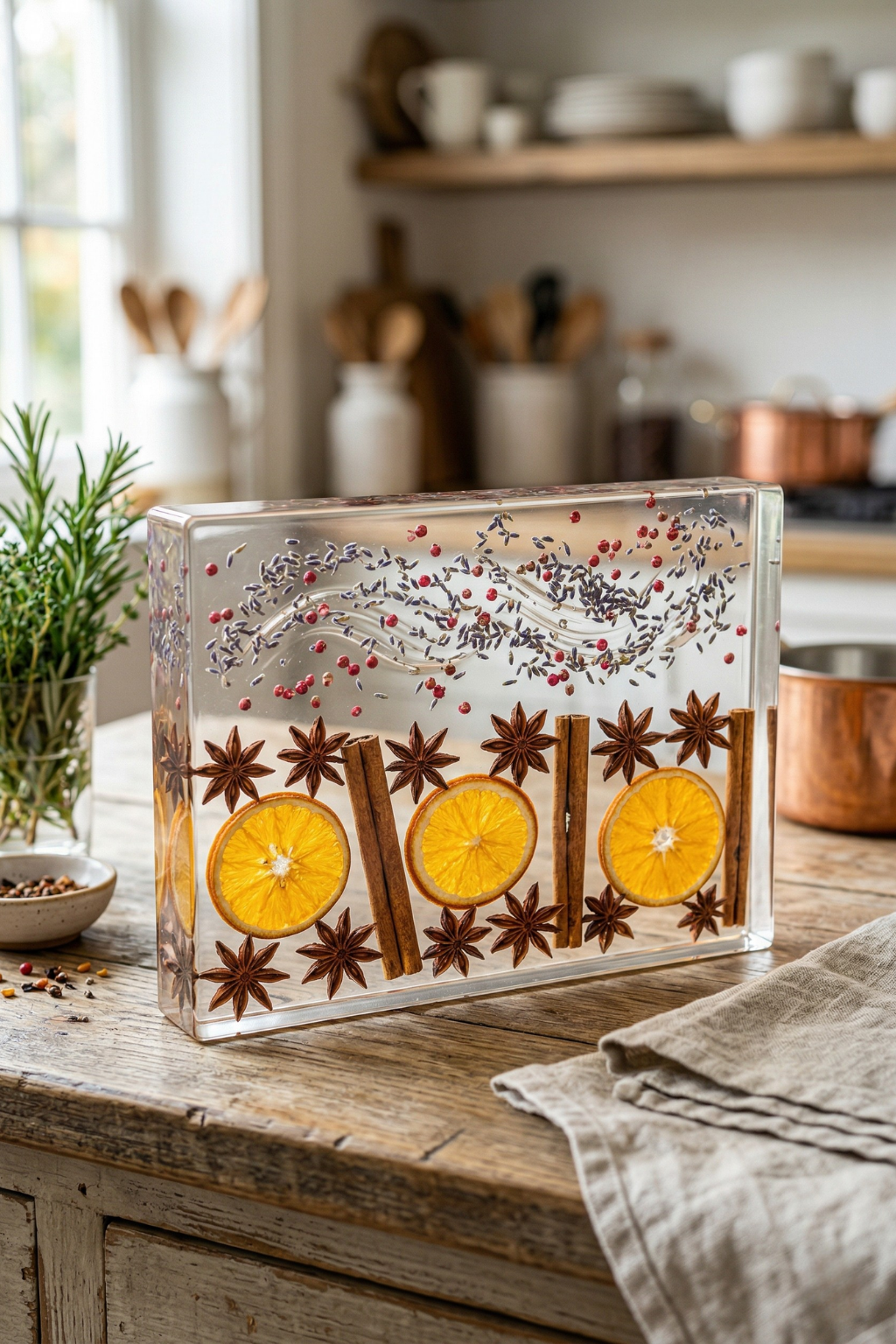 Handmade epoxy resin block with dried oranges, cinnamon sticks, and star anise on a rustic kitchen table.