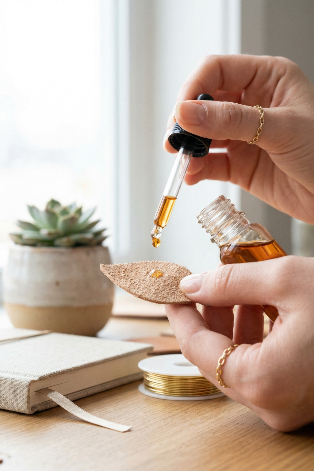 Applying essential oil drops with a glass dropper onto a suede leather diffuser patch.