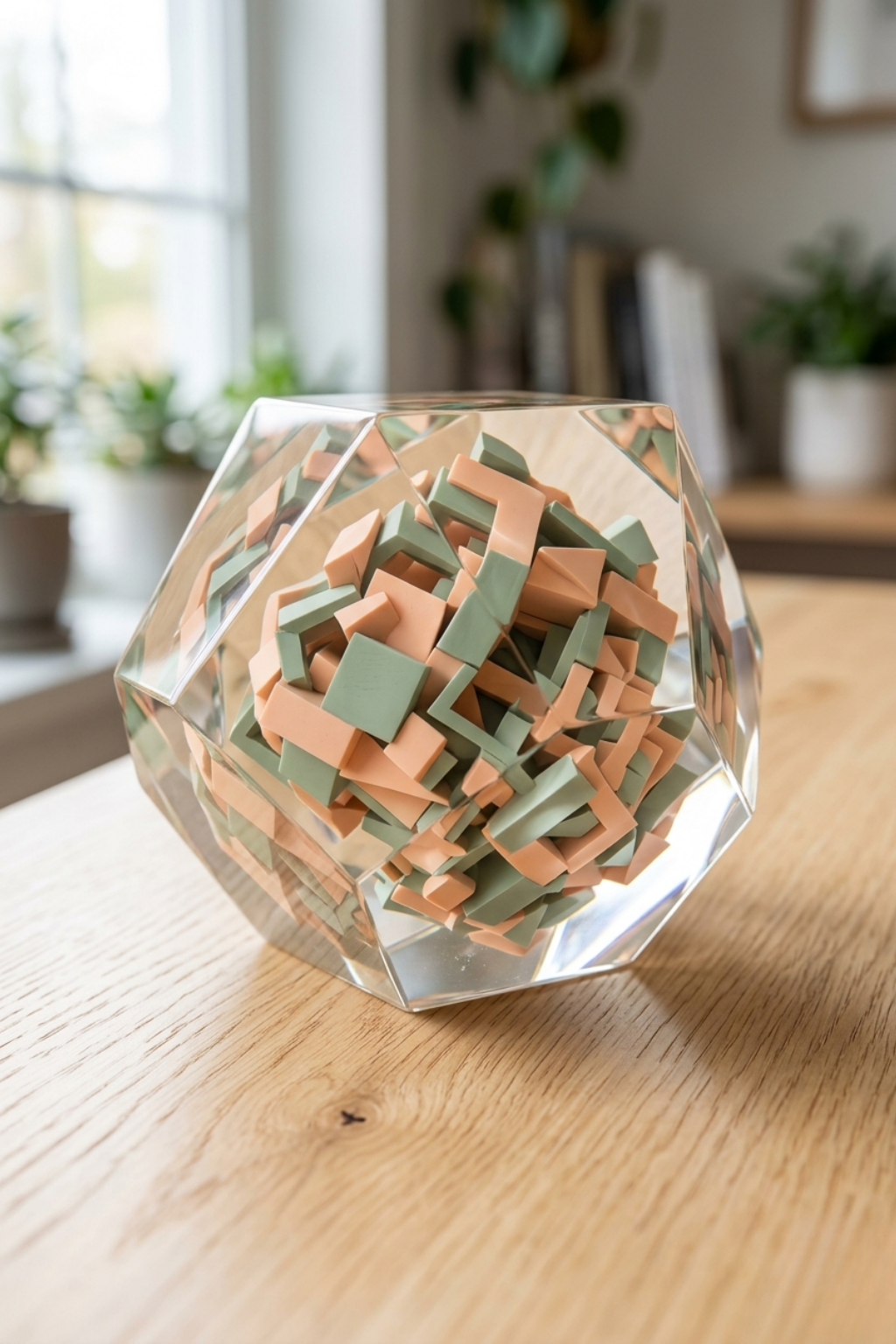 Geometric glass paperweight with green and peach 3D cubes on a wooden desk.