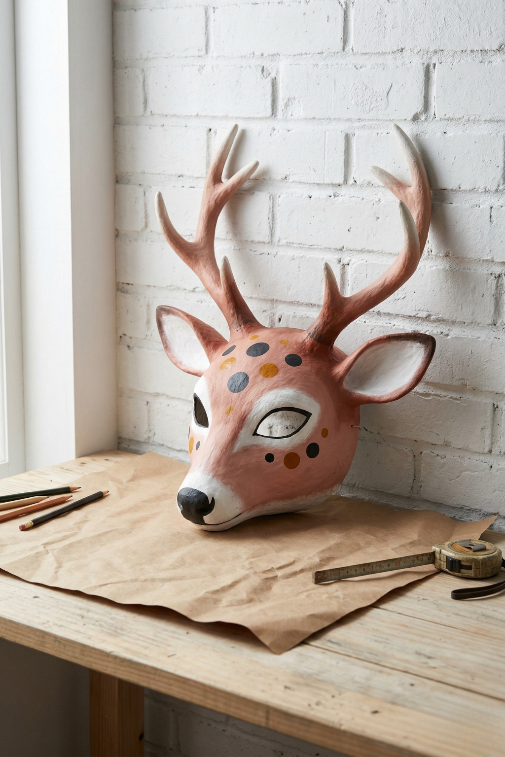 Hand-painted pink deer mask with antlers on a wooden craft table with art supplies.
