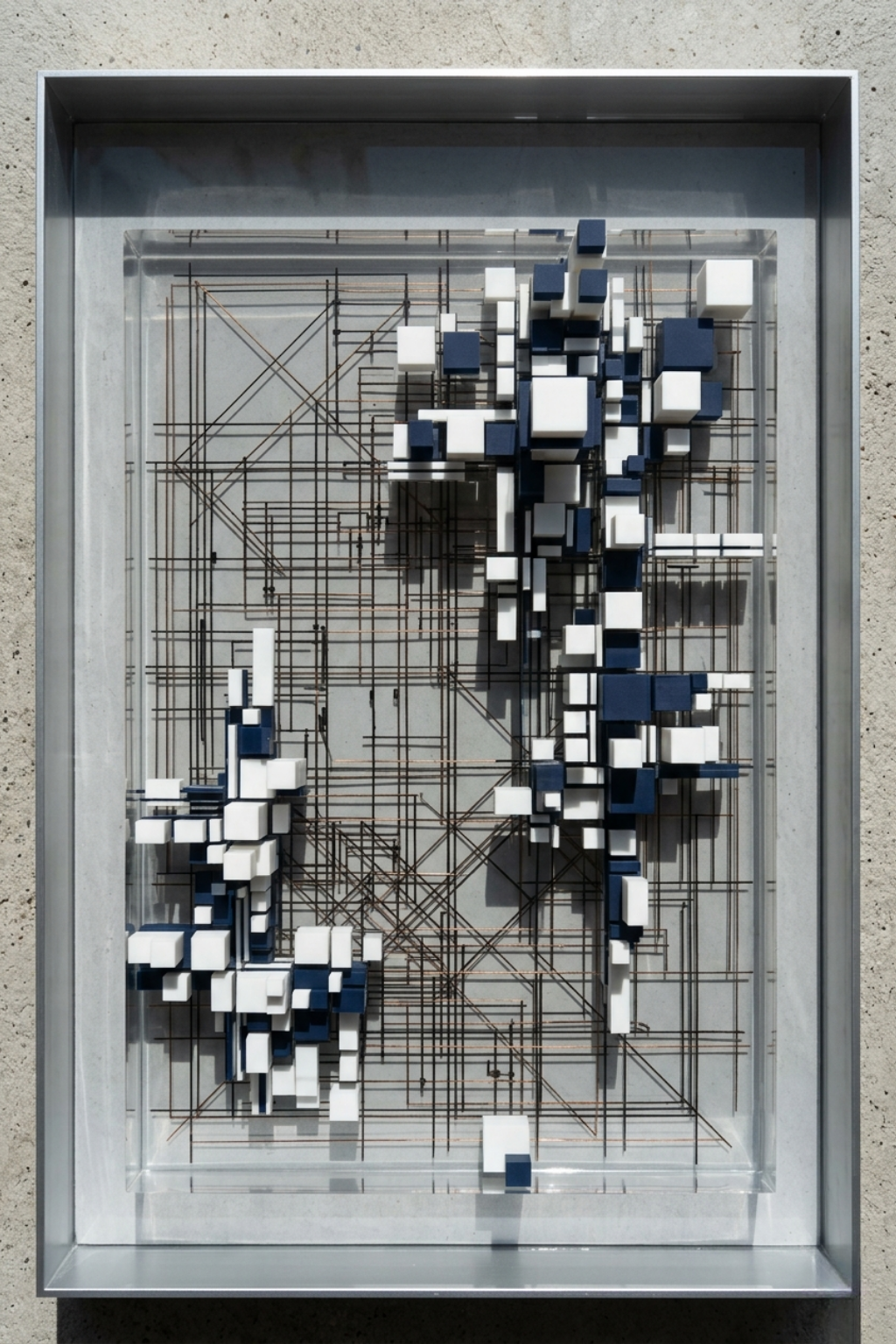 Modern 3D abstract wall art featuring blue and white geometric cubes on a grid background.