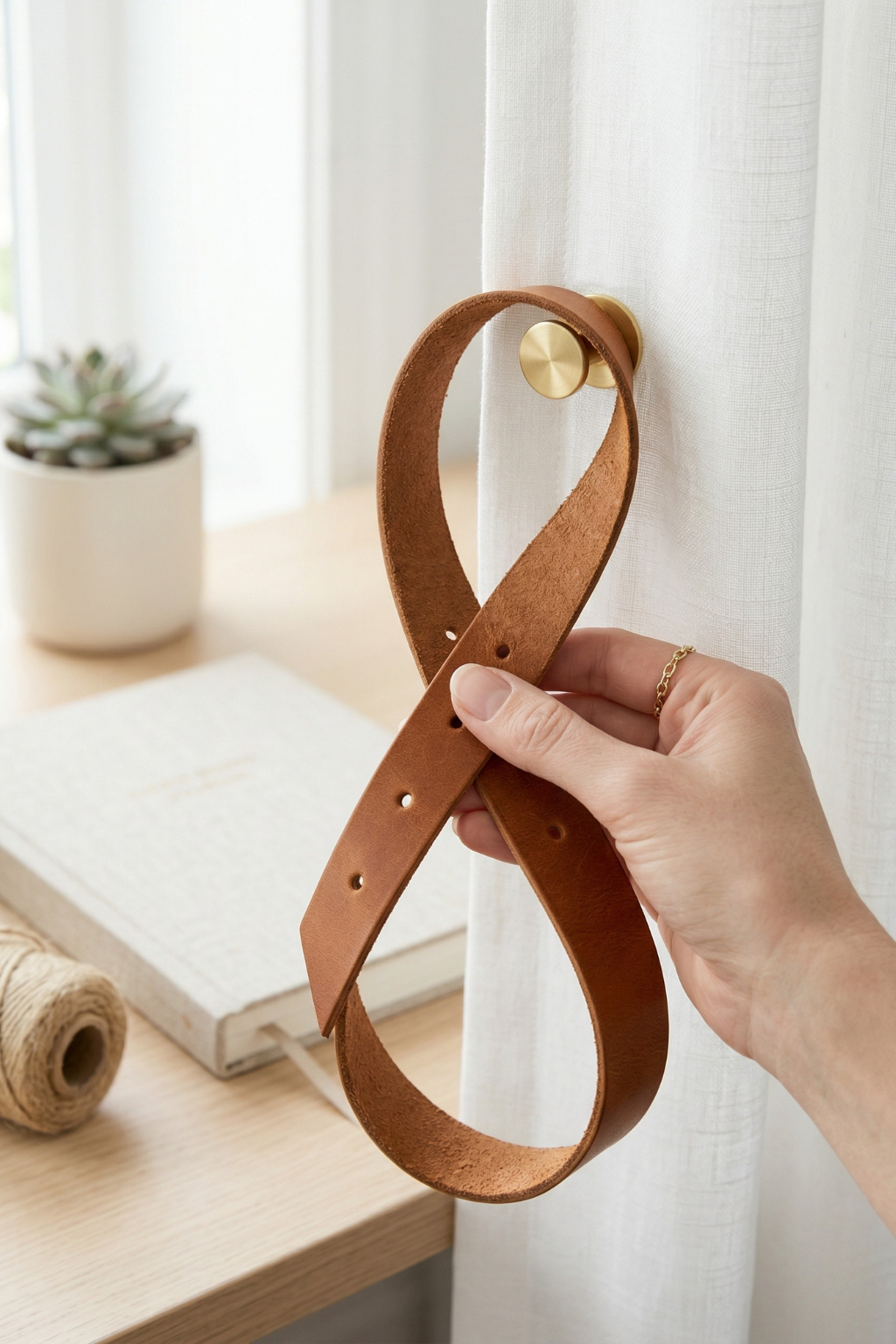 A person installs a brown leather curtain tieback with a brass knob on a white linen drape.