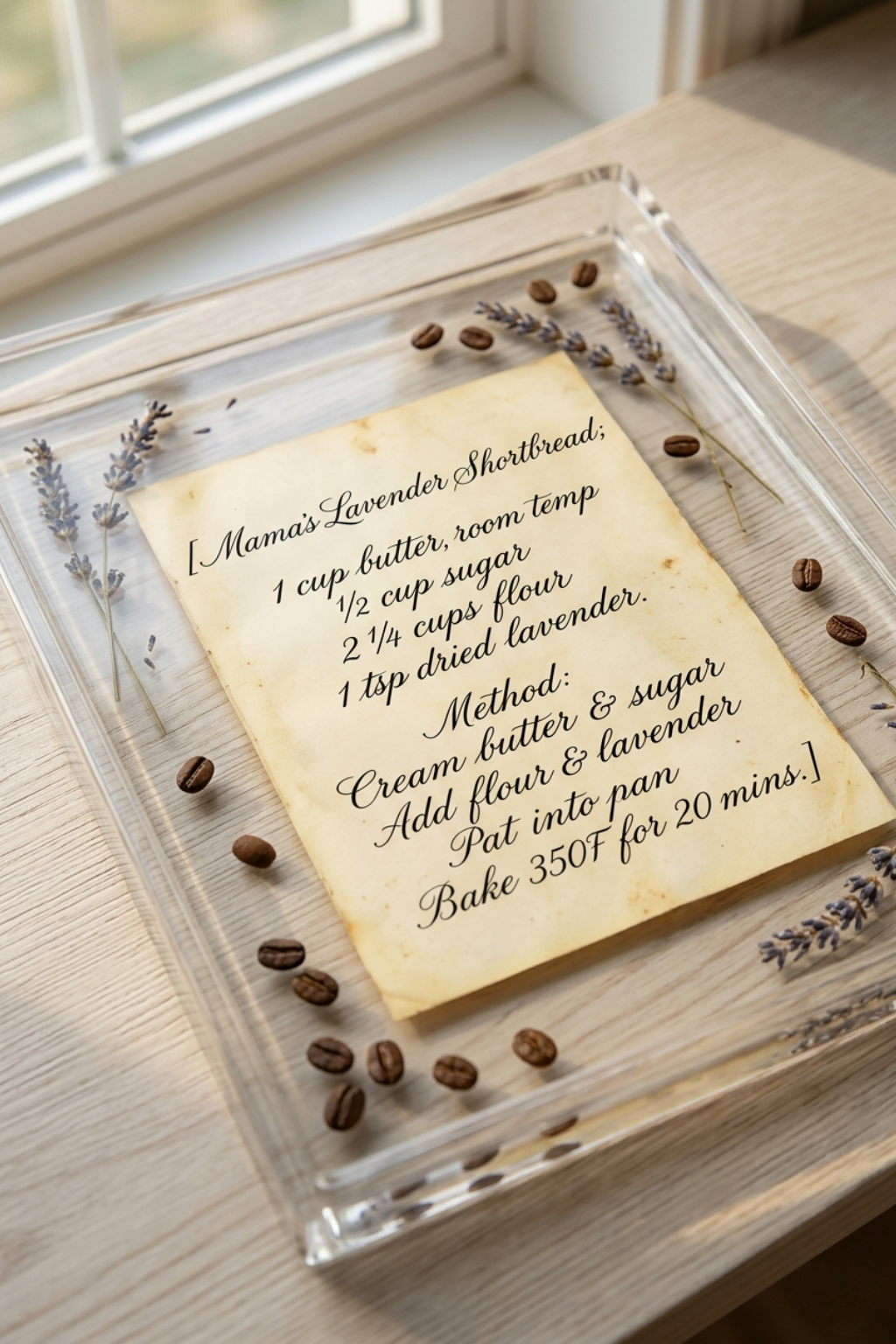 Vintage lavender shortbread recipe card displayed in a clear acrylic tray with dried lavender and coffee beans.