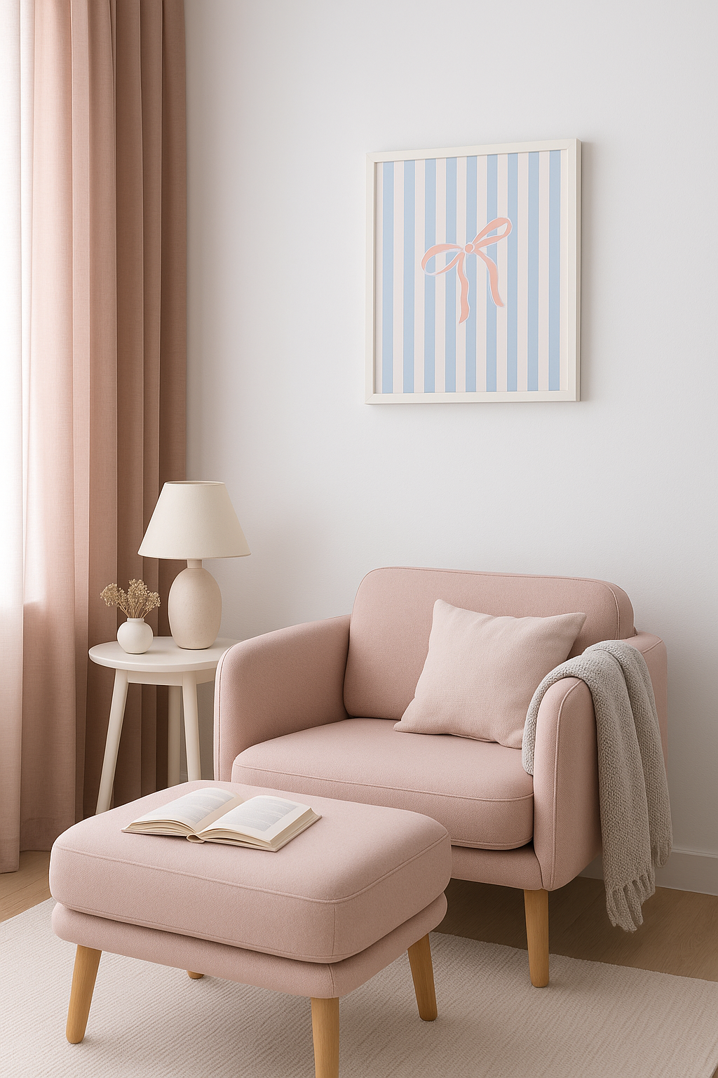 printable framed art of pink cute bow on blue stripes