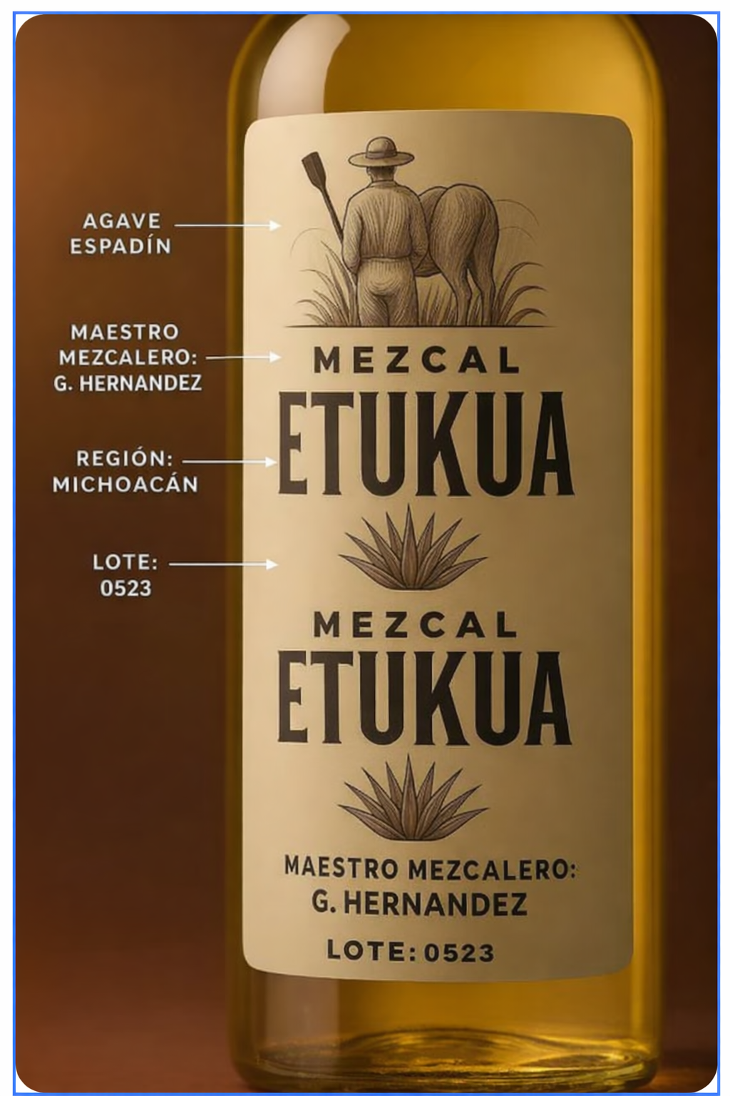rimer plano de etiqueta de mezcal Etukua con indicadores que señalan el tipo de agave, maestro mezc