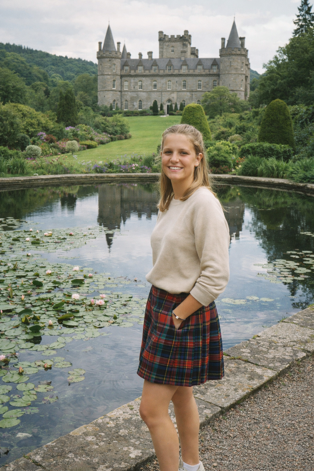 A smiling woman in a plaid skirt standing by a lily pond at a Scottish castle.