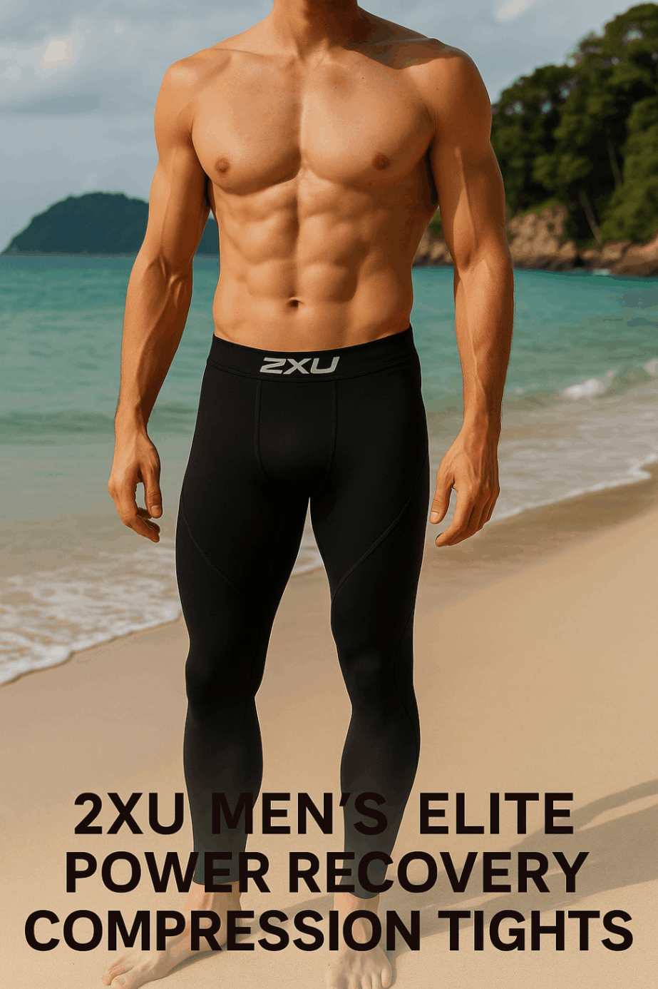 a man in black 2XU compression tights on a Thai beach with turquoise water in the background