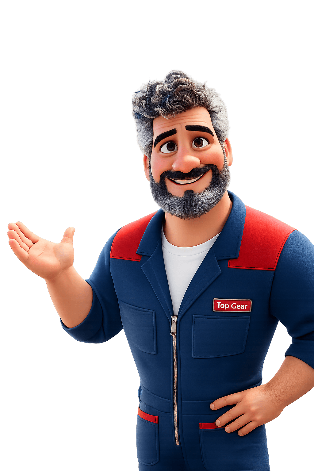 Personagem de um mecânico sorridente como se estivesse apresentando os serviços da oficina.