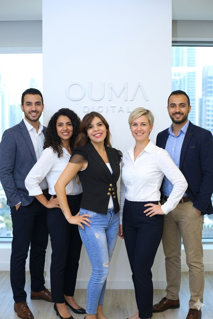 Professional Ouma Digital marketing agency team posing in a modern office.