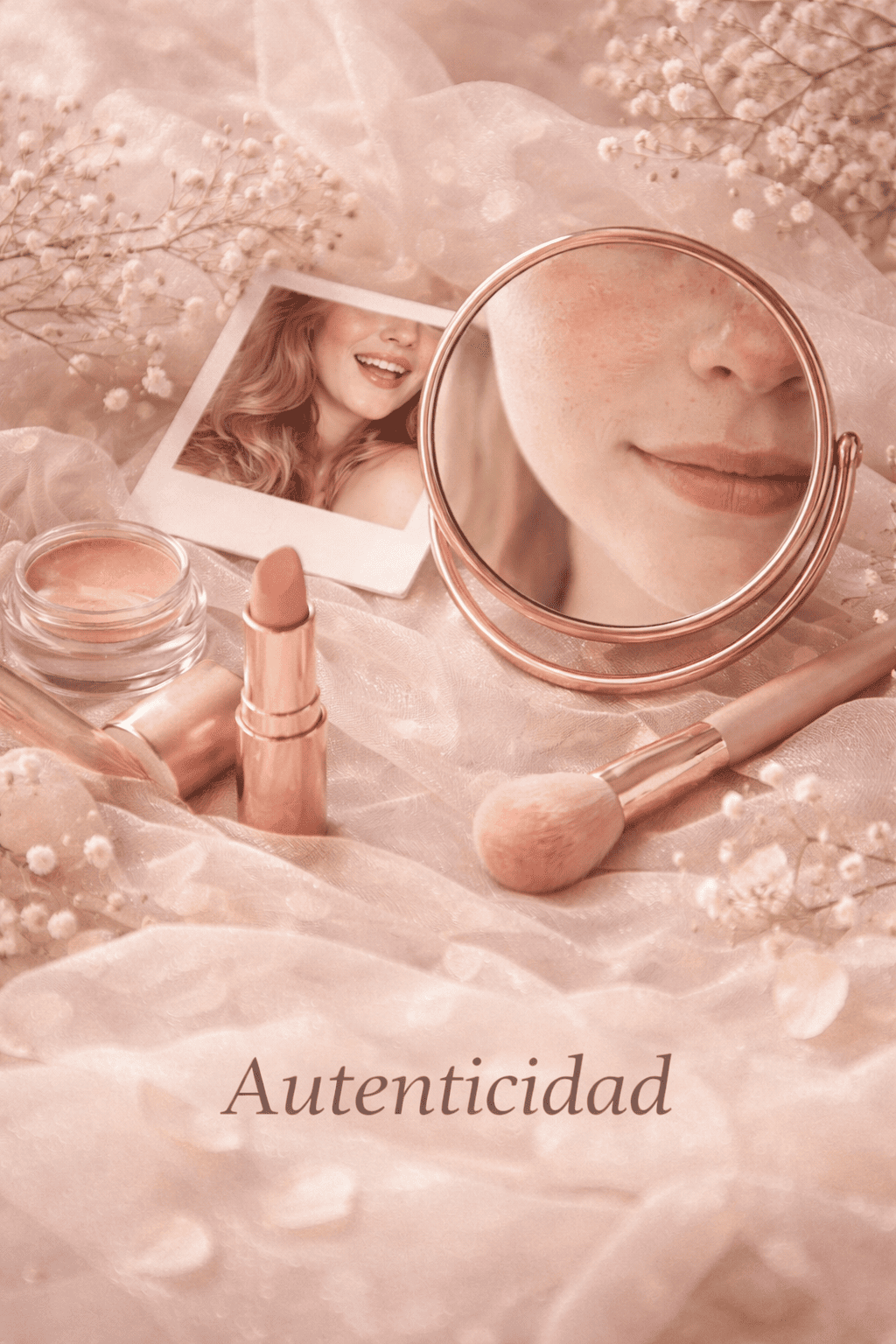 Composición de maquillaje SAM Cosméticos que representa el valor de autenticidad y belleza natural.