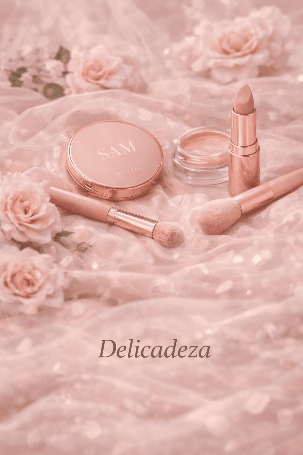 Productos SAM Cosméticos en tonos suaves rodeados de flores que representan delicadeza y elegancia