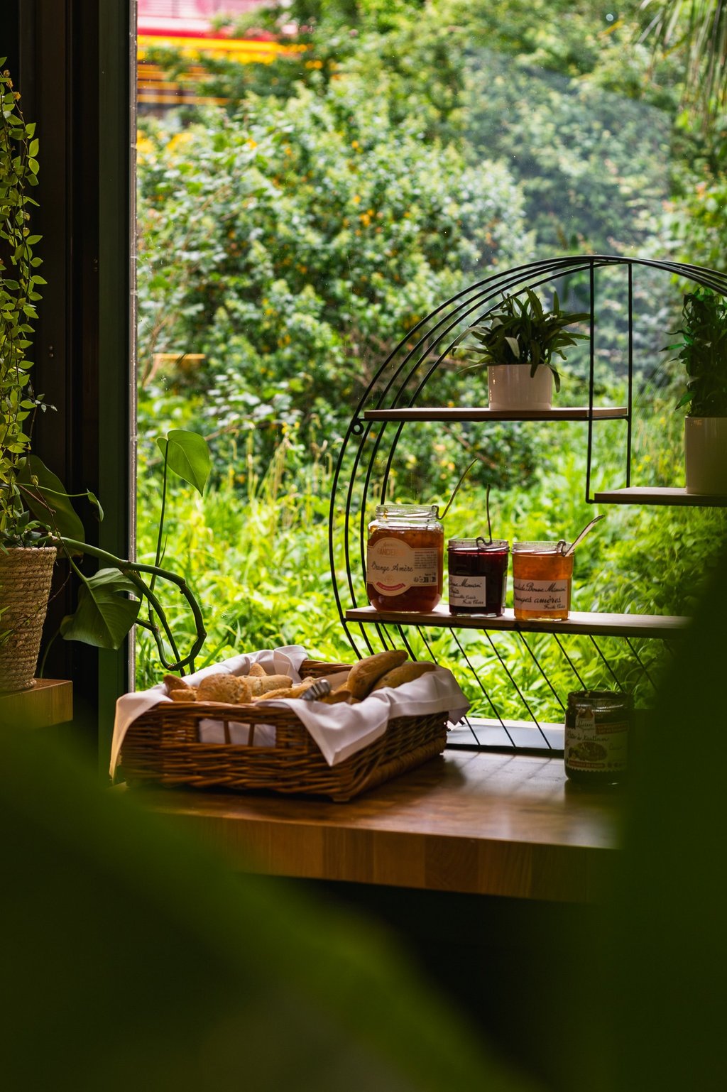 a table with a basket of food and a basket of food