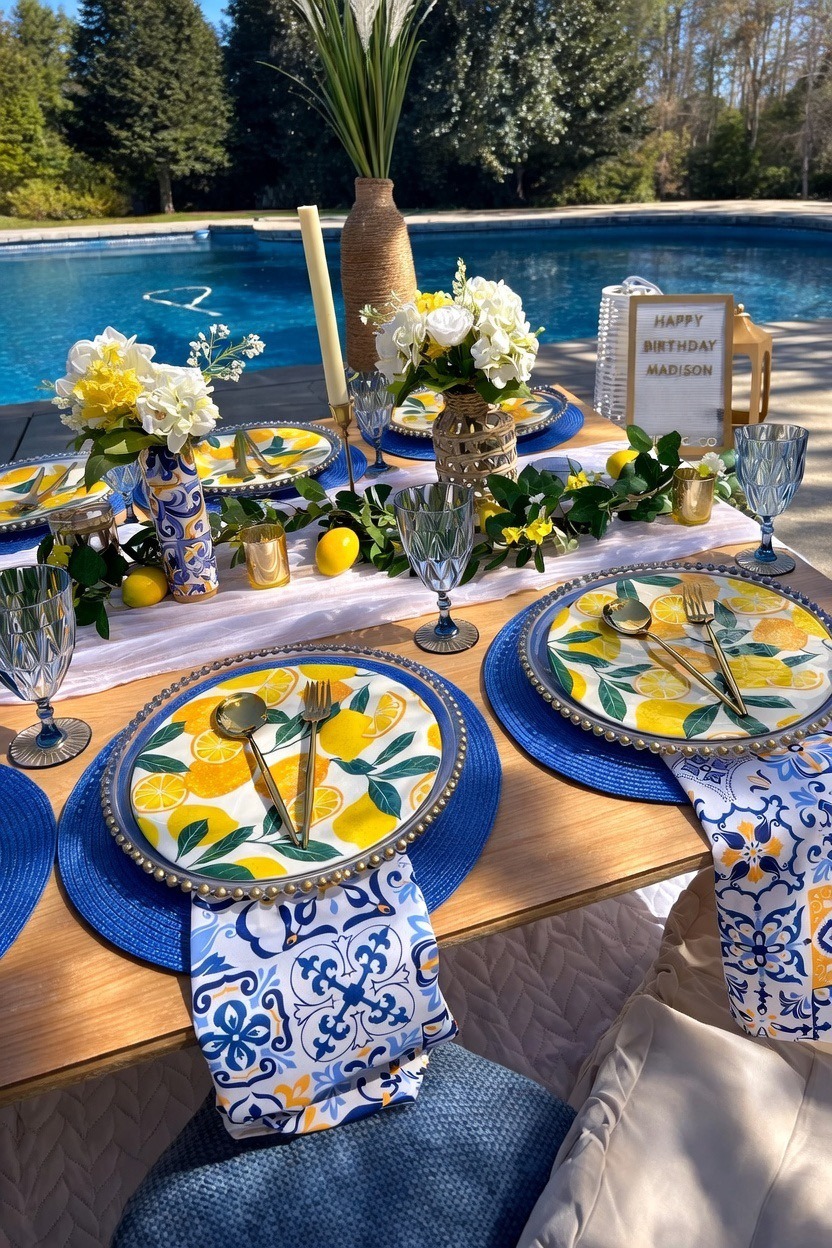 Amalfi Lemon blue white and yellow party theme picnic Gathered Grace Picnic Co Winder, GA events