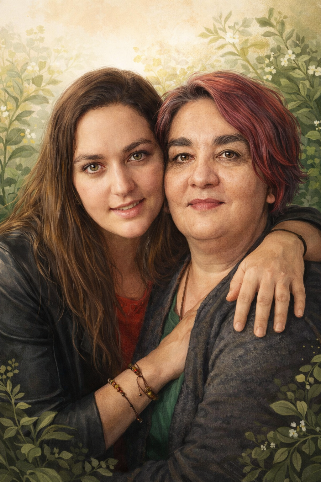 A portrait of a mother and daughter embracing against a green botanical background.