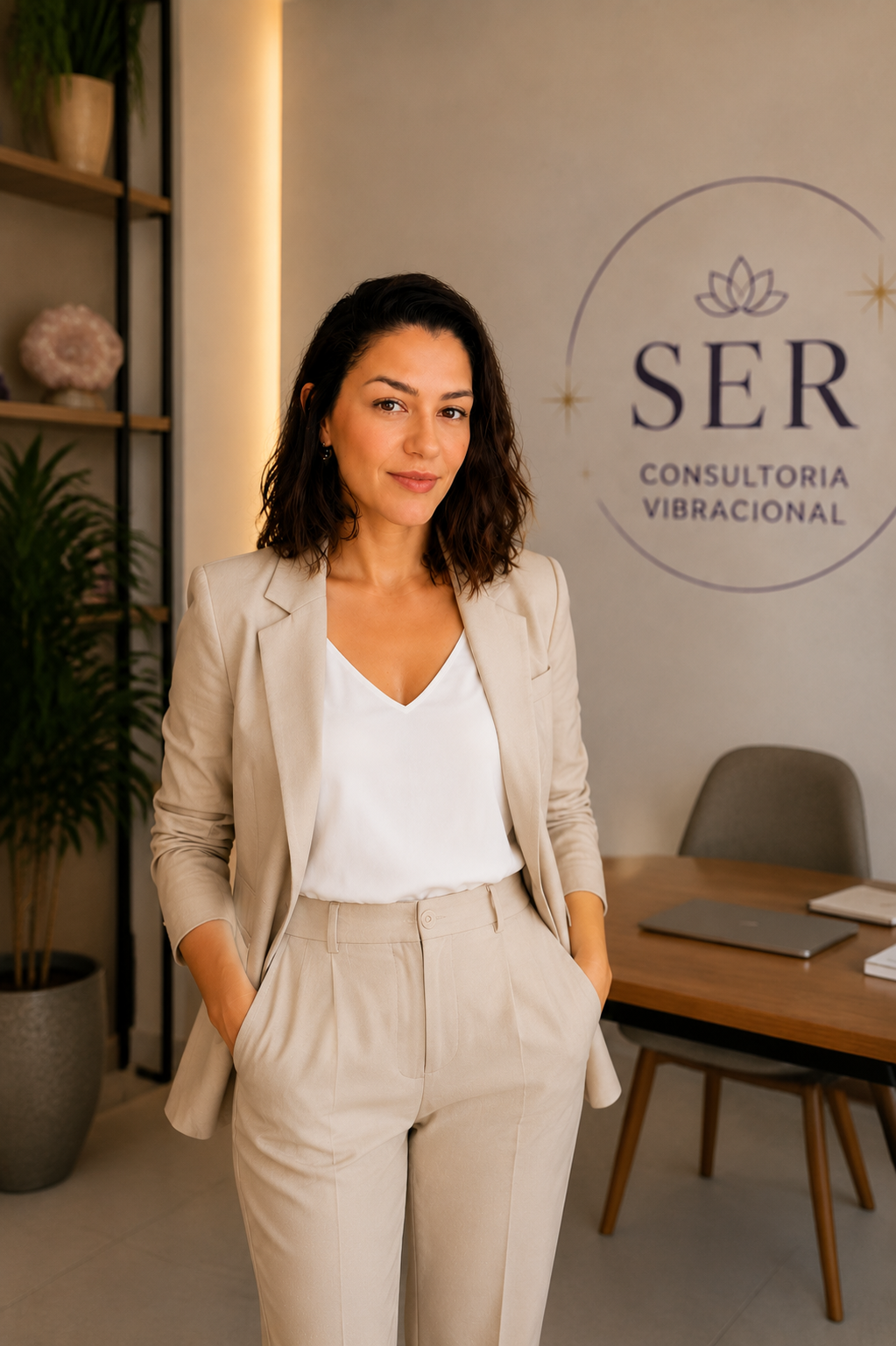 Professional female consultant in a beige suit standing in her wellness office at Ser Consultoria Vibracional.