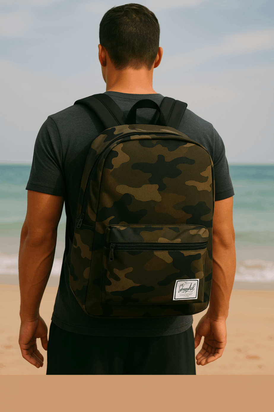 Rick Silvia wearing a camo Herschel backpack on a Thai Beach