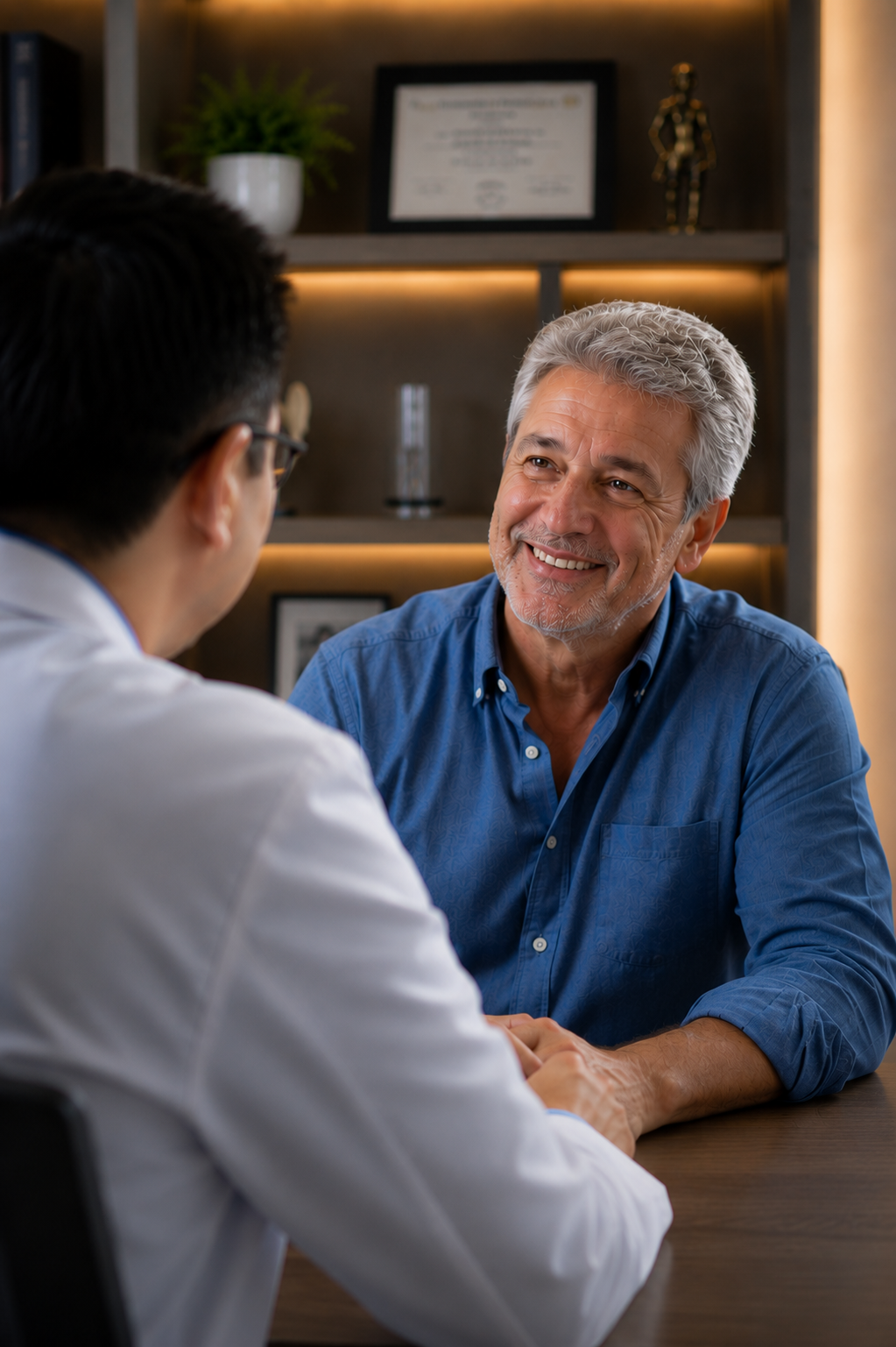 Smiling senior man consulting with a doctor in a medical office for healthcare advice.