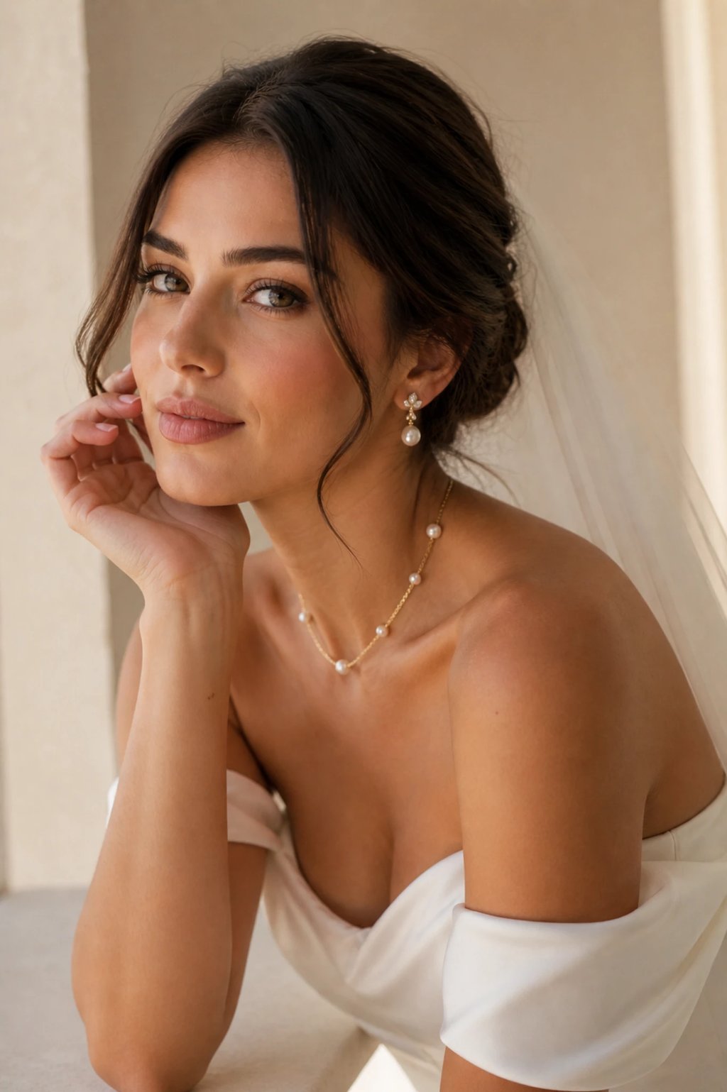 Bride wearing pearl drop earrings and delicate pearl necklace