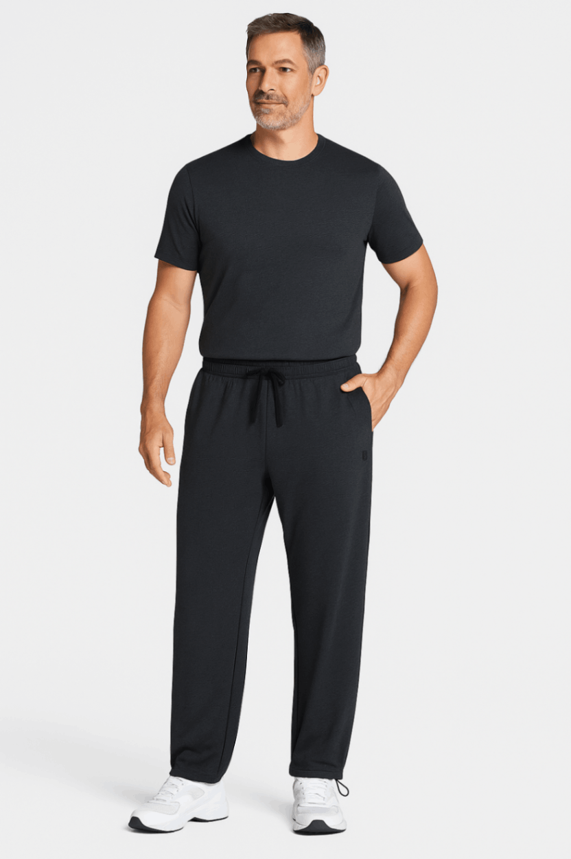 a man in a black shirt and Baleaf cotton sweatpants