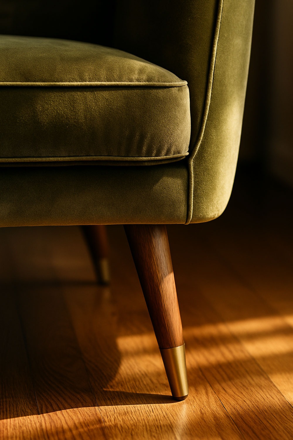Upholstered chair leg with wood finish and brass cap