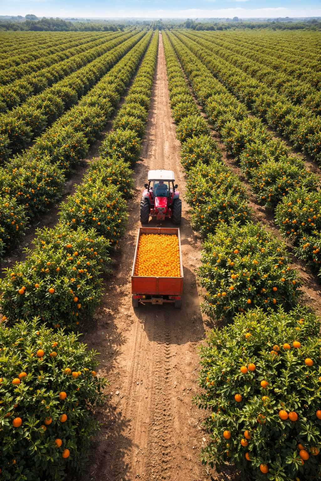 a tractor with a trailer in a citrus field