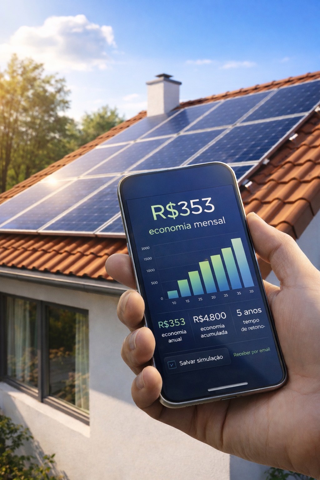 Simulação de economia de energia solar no celular mostrando R$353 por mês em casa com painéis solare