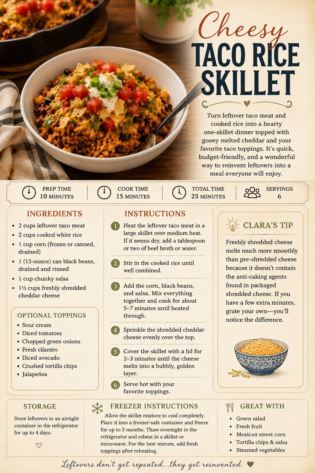 Recipe card for a cheesy taco rice skillet featuring a bowl of seasoned ground beef, rice, corn, and beans.
