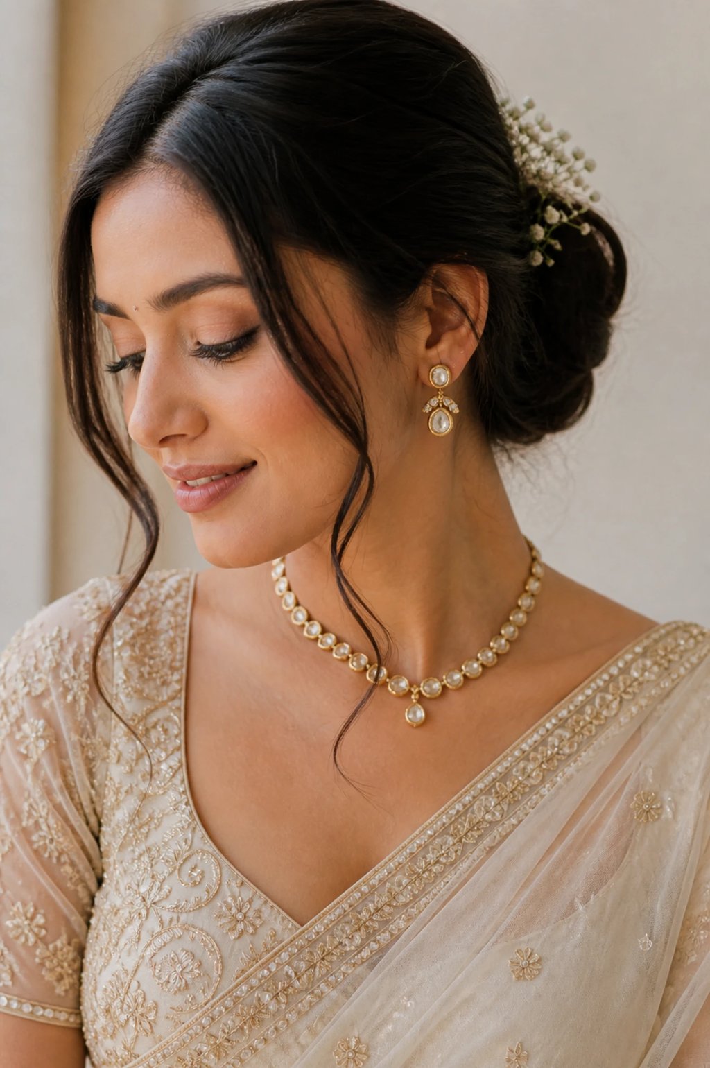 Indian bride wearing lightweight kundan or polki jewelry