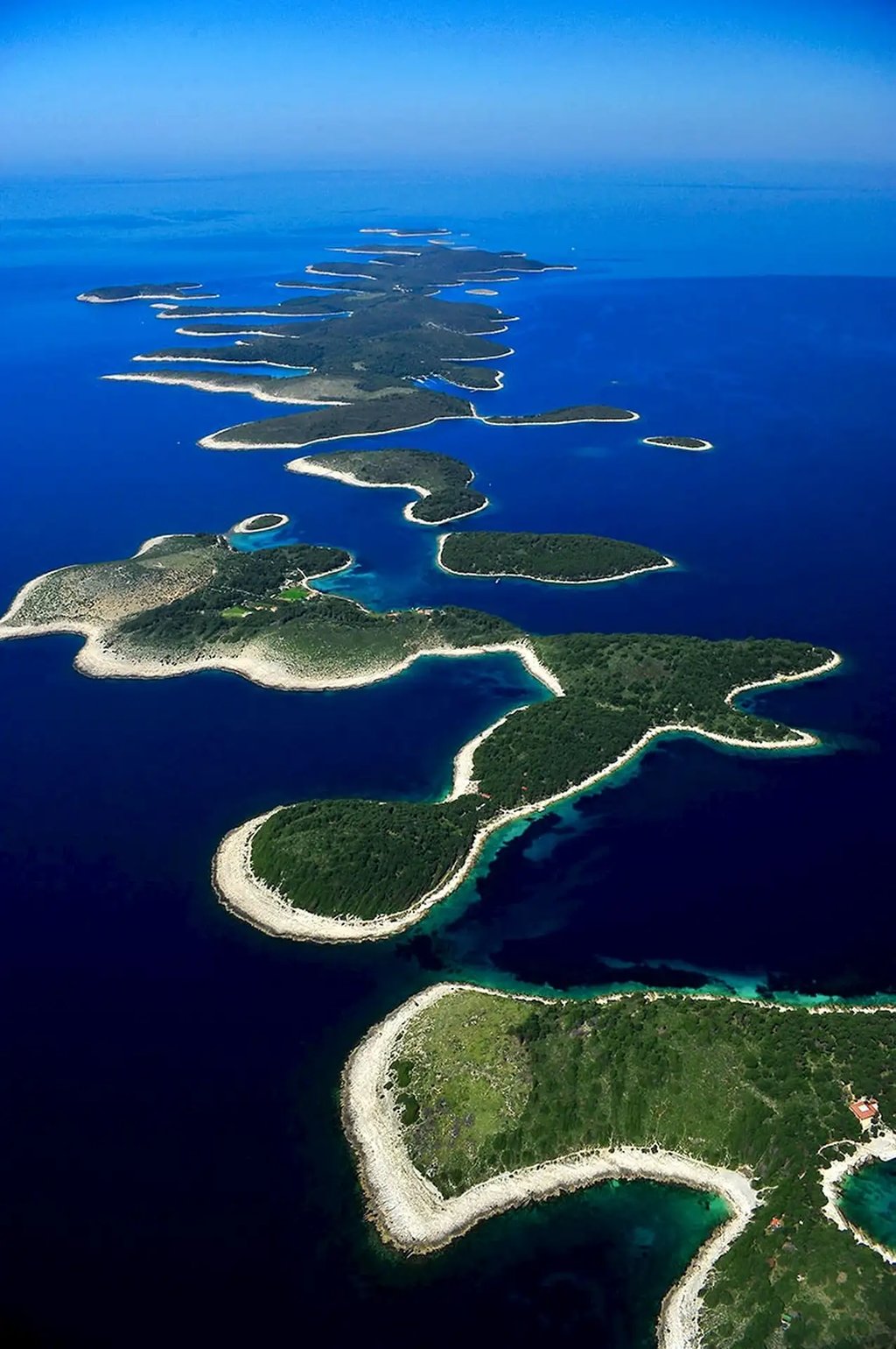 Aerial panoramic view of Pakleni Islands, seen on a private boat tour off the coast of Split, Croatia