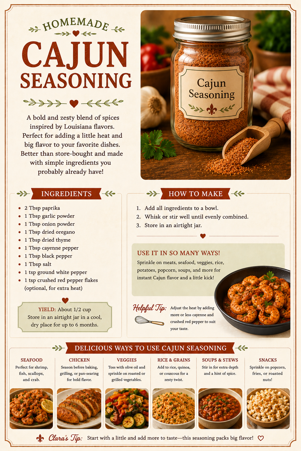 Recipe infographic for homemade Cajun seasoning with ingredients and food pairing ideas for spicy Creole cooking.