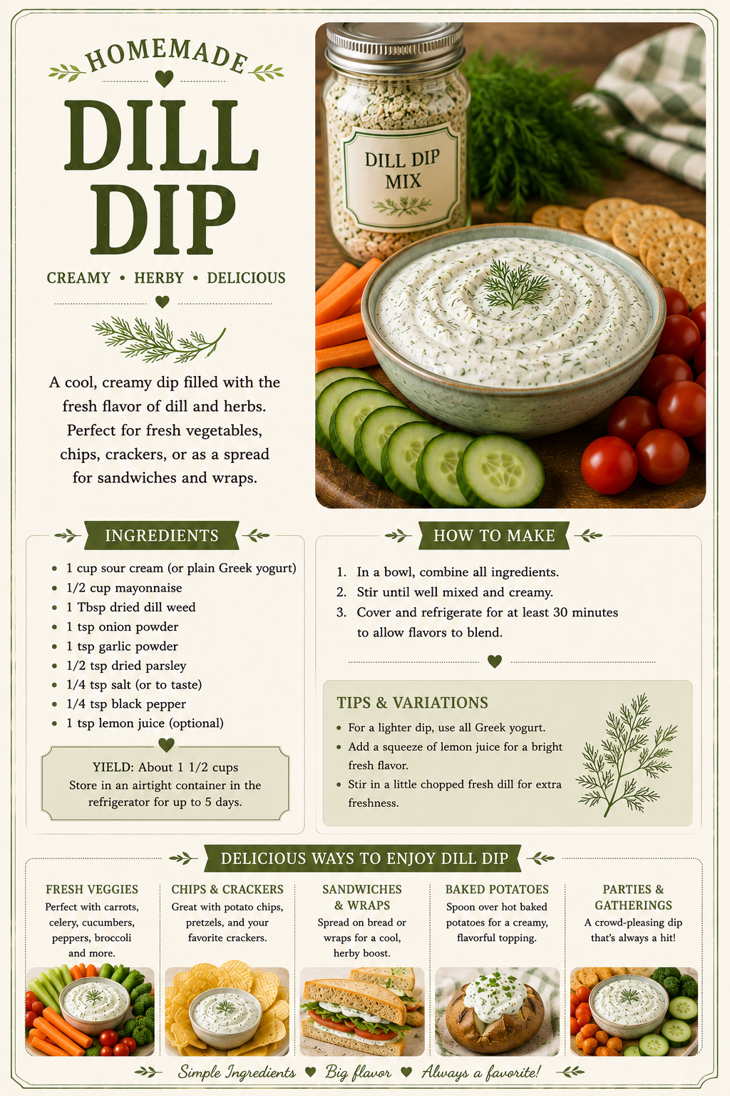 Recipe card for homemade creamy dill dip with a bowl of herbed dip, fresh vegetables, and crackers.