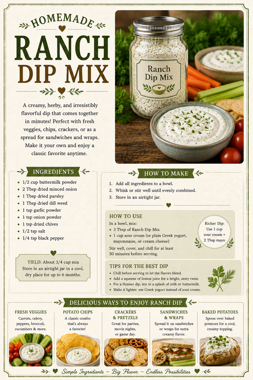 Recipe infographic for homemade ranch dip mix with ingredient list, mixing instructions, and serving ideas for fresh