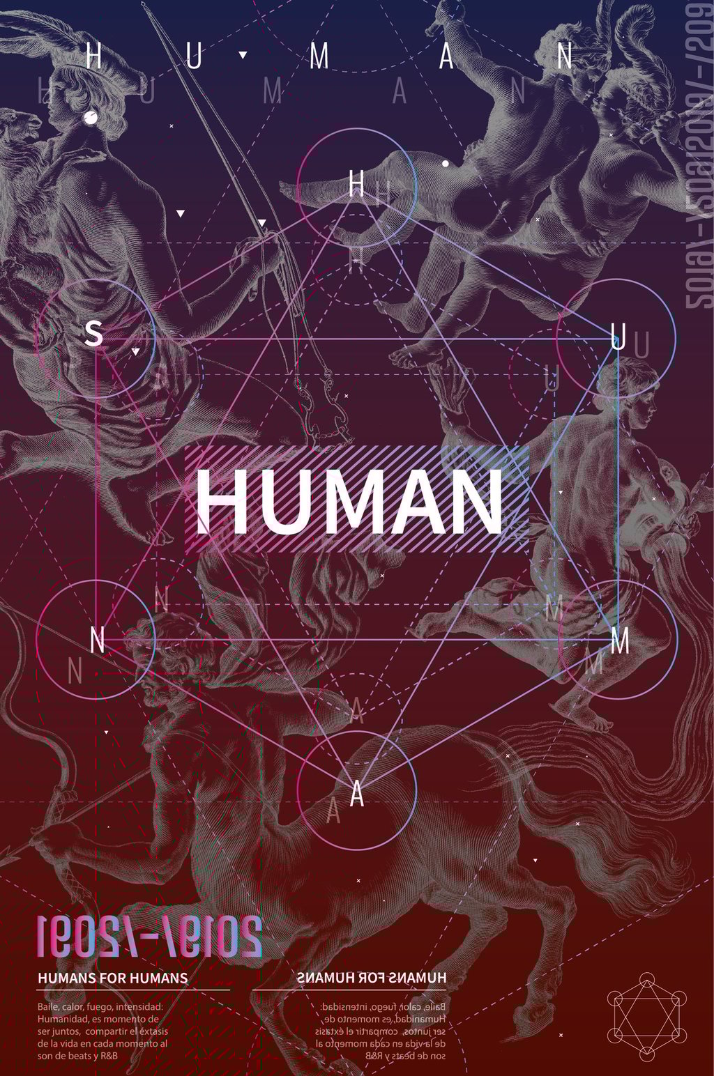 Abstract graphic design poster featuring classical human figures and geometric line art with the text HUMAN.