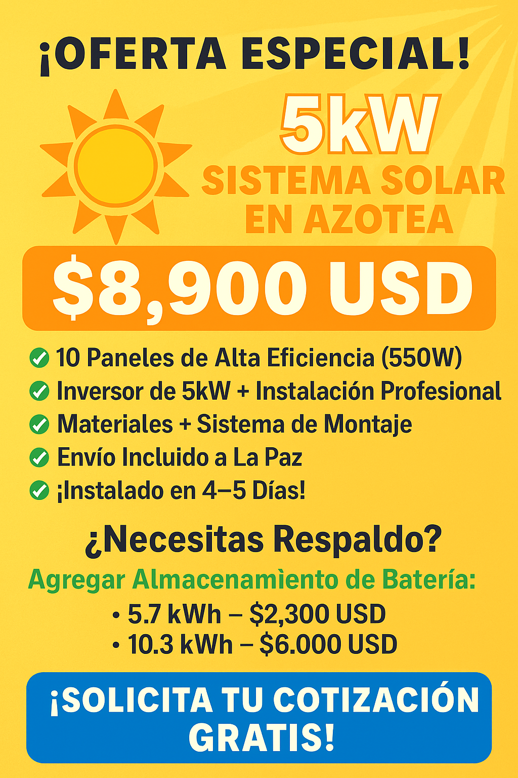 sistema solar 5kW Baja California Sur,, sistema solar 10kW Baja California Sur,, instalación d