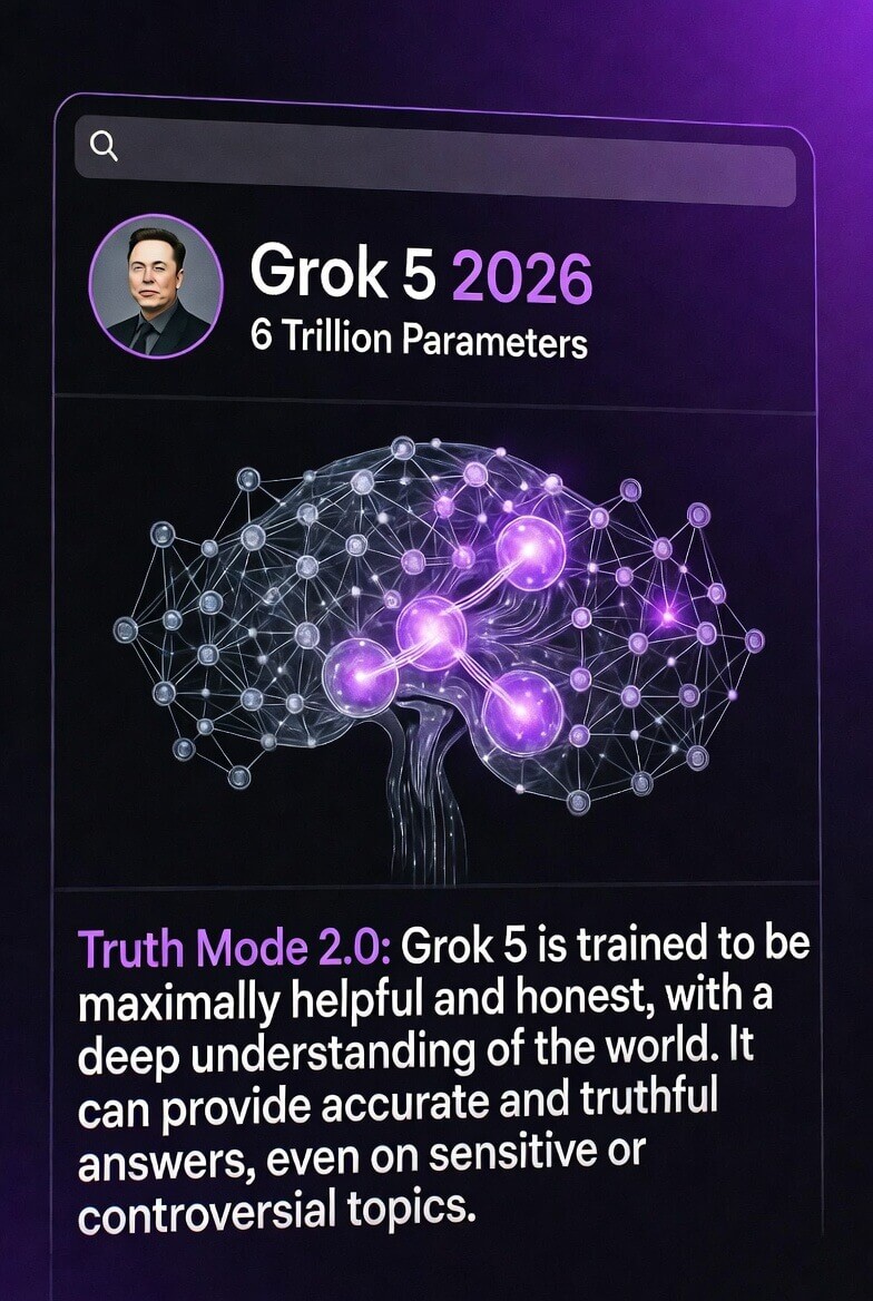 Grok 5 xAI 2026 concept – 6 trillion parameters, Truth Mode 2.0, futuristic AI interface
