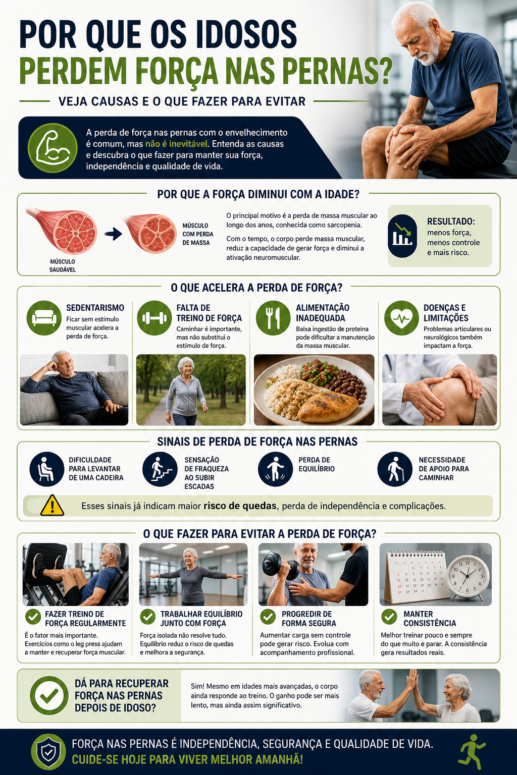 infográfico sobre por que idosos perdem força nas pernas e como evitar com treino de força e equilíb