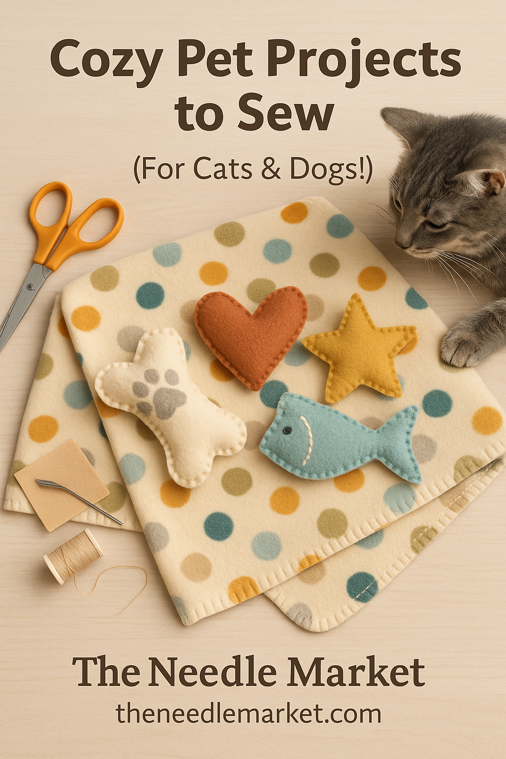 “Handmade fleece blanket and matching pet toy set for cats and dogs in cozy colors.”