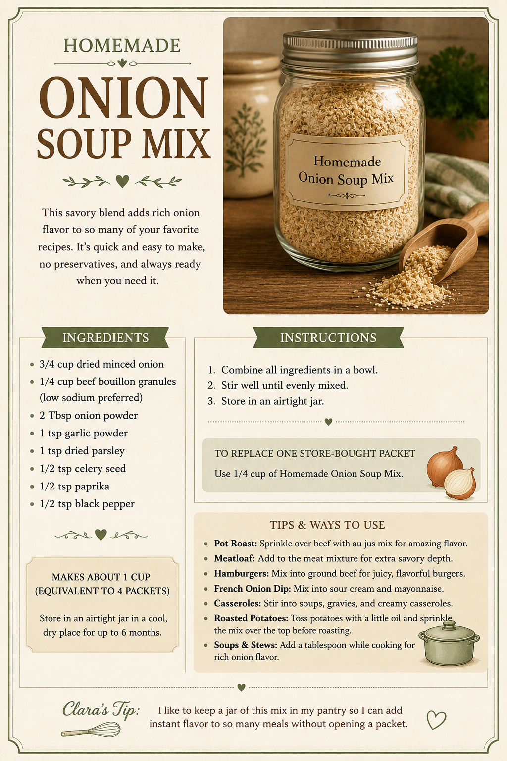 Recipe card for homemade onion soup mix with ingredients, instructions, and a glass jar of dry seasoning.