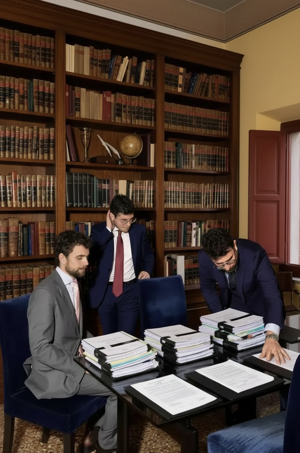 Three professional lawyers reviewing stacks of legal documents in a classic law firm library.