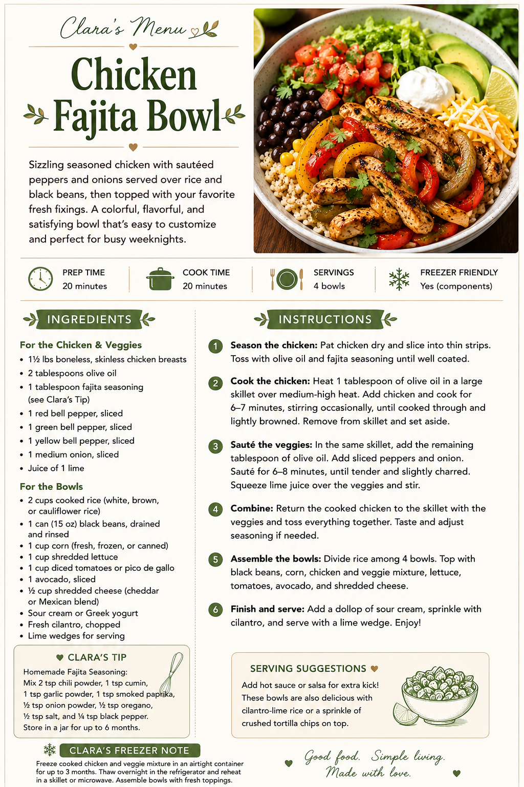 Recipe card for a healthy Chicken Fajita Bowl featuring a photo of seasoned chicken, peppers, avocado, and rice.