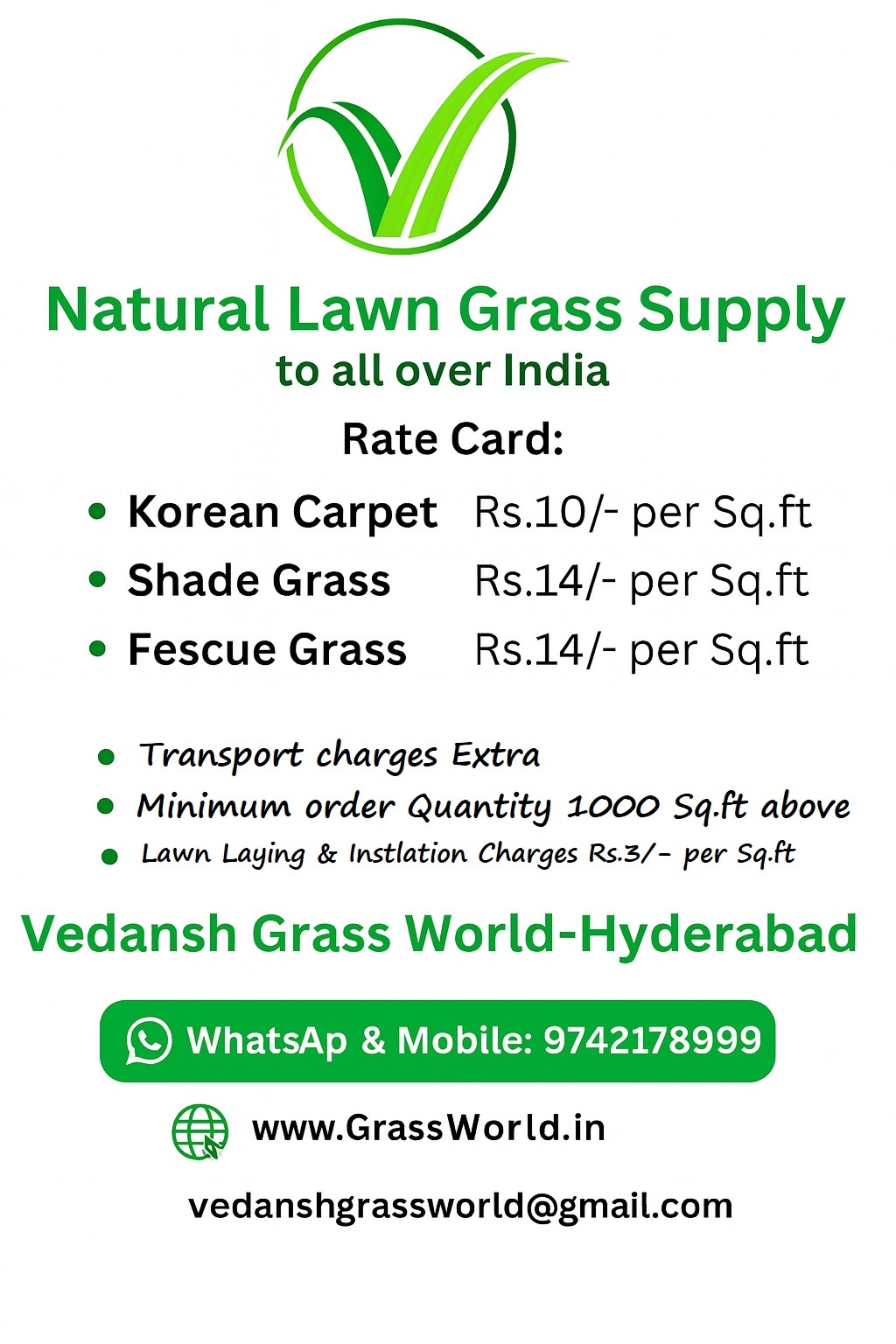 Premium Korean Carpet Lawn Grass supply in Hyderabad, Secunderabad, Rangareddy, Medchal & Sangareddy